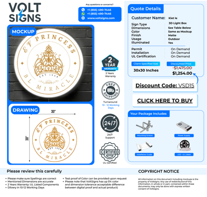 Volt Signs quote mockup showing a round white illuminated 30x30 sign with gold crest, 3D light box price $1,254.