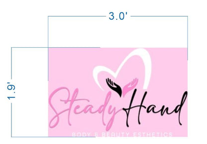 Pink sign: 'Steady Hand' script, white heart with black and pink hands above, blue dimension labels 3.0' and 1.9'.