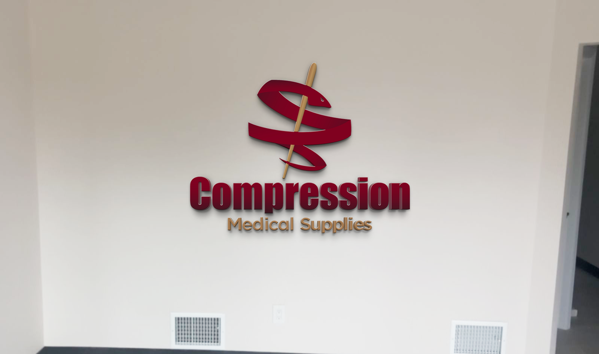 A maroon ribbon-and-rod logo and bold maroon text 'Compression' with gold 'Medical Supplies' on a beige wall.