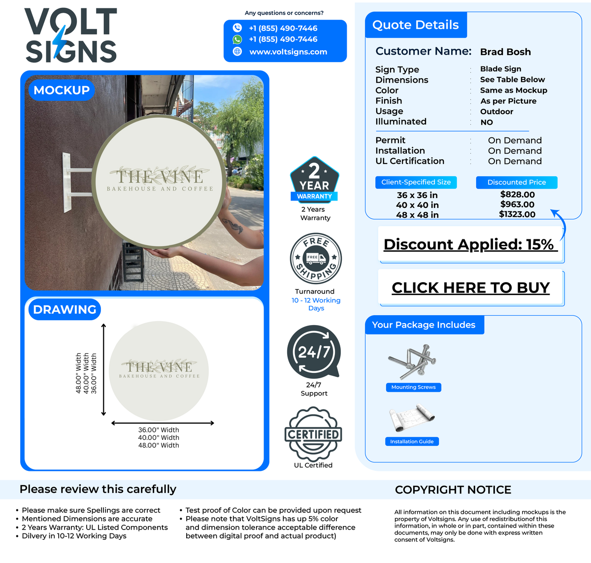 Custom outdoor round blade sign mockup for The Vine Bakehouse and Coffee with mounting hardware included by Volt Signs.