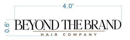 BEYOND THE BRAND black serif logo above brown rule and HAIR COMPANY in brown caps, teal 4.0' and 0.6' dims on white.