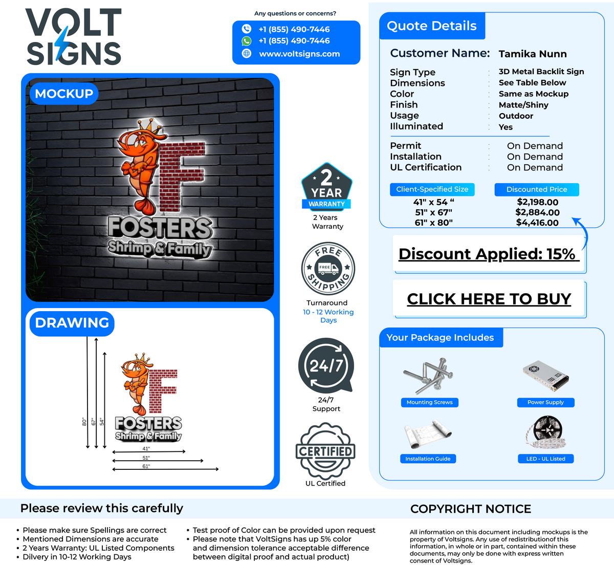 Volt Signs mockup showing illuminated 3D metal backlit Fosters Shrimp & Family brick logo and quote details.