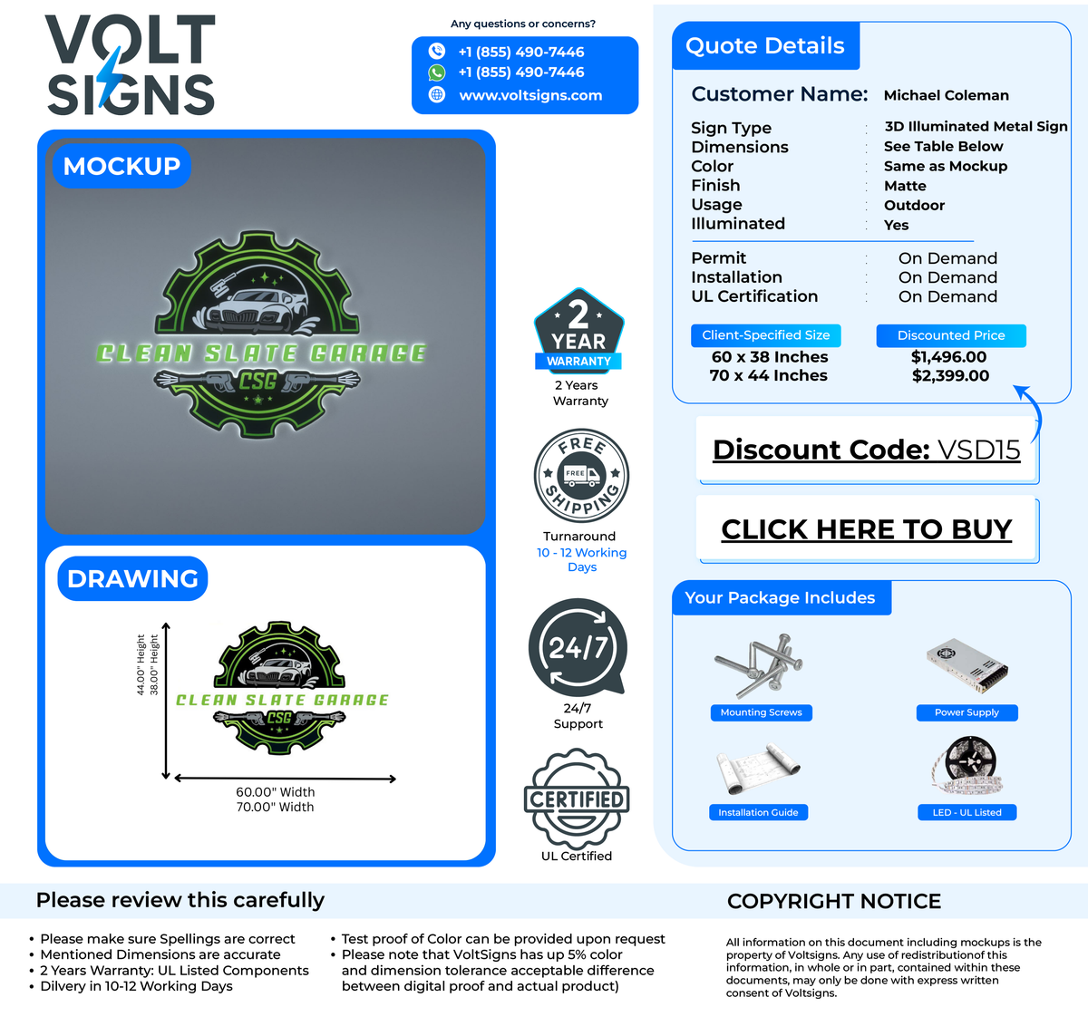 Volt Signs quote mockup with neon green Clean Slate Garage logo, contact card, and customer Michael Coleman.