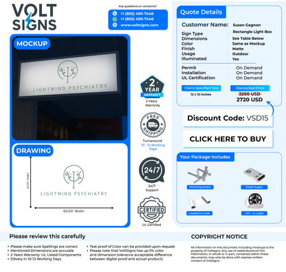 VoltSigns quote showing a blue-accented rectangle light box mockup for Lightmind Psychiatry, 60 x 30 in.