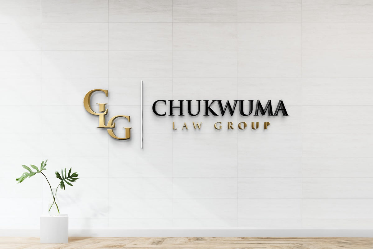 Gold C L G logo, silver divider and black CHUKWUMA with gold LAW GROUP on white tiled wall, potted plant.