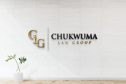 Gold C L G logo, silver divider and black CHUKWUMA with gold LAW GROUP on white tiled wall, potted plant.