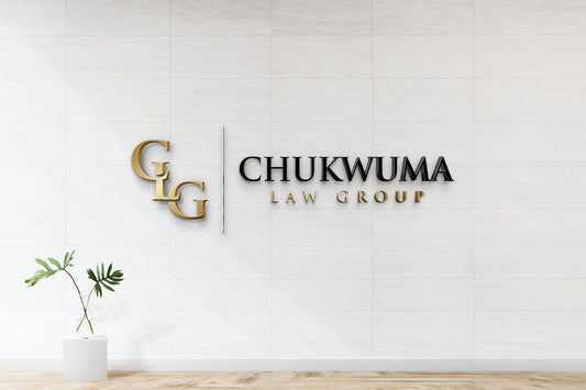 Gold C L G logo, silver divider and black CHUKWUMA with gold LAW GROUP on white tiled wall, potted plant.