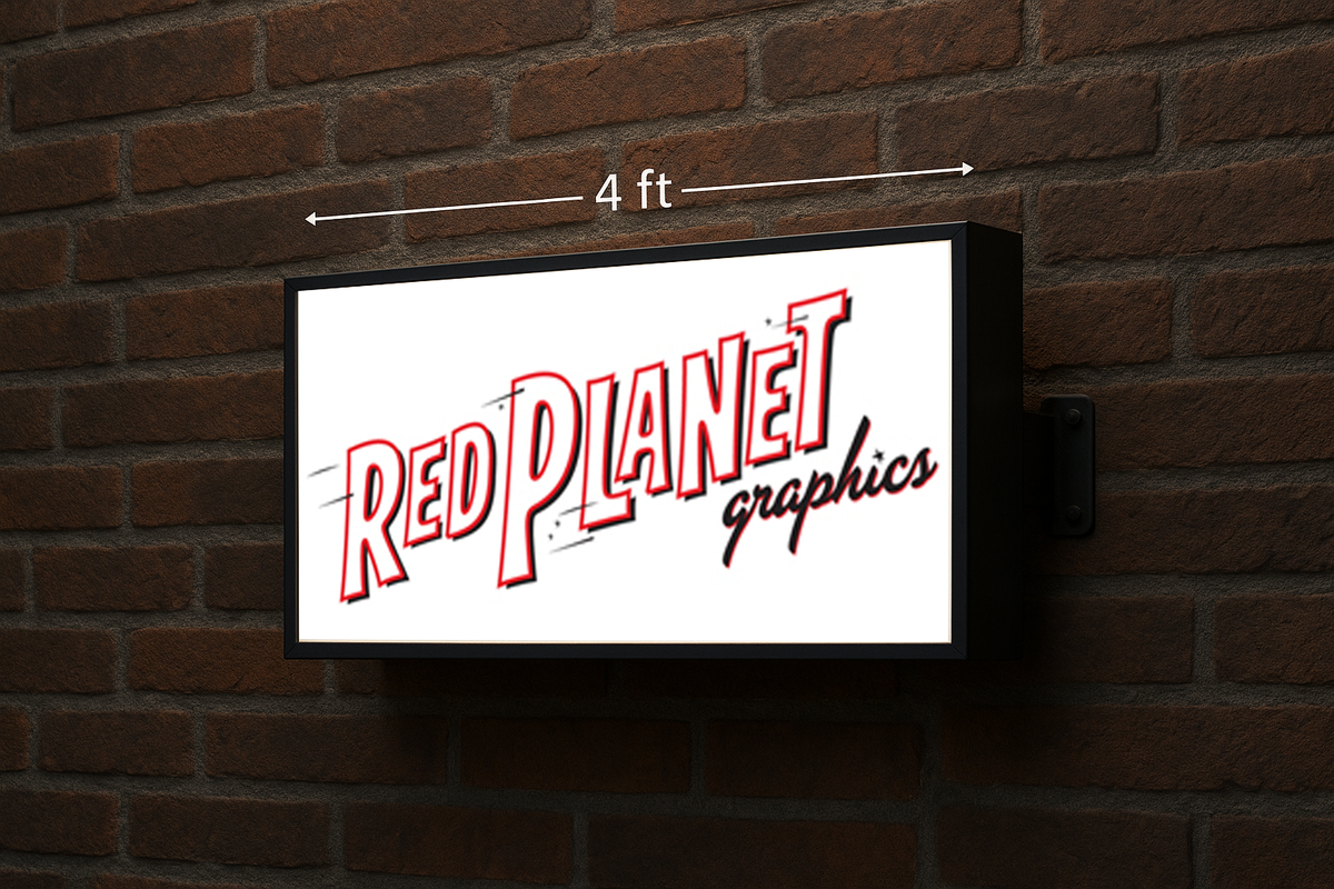 Illuminated rectangular sign reading RED PLANET graphics in red and black on a dark brick wall with a 4 ft arrow above.