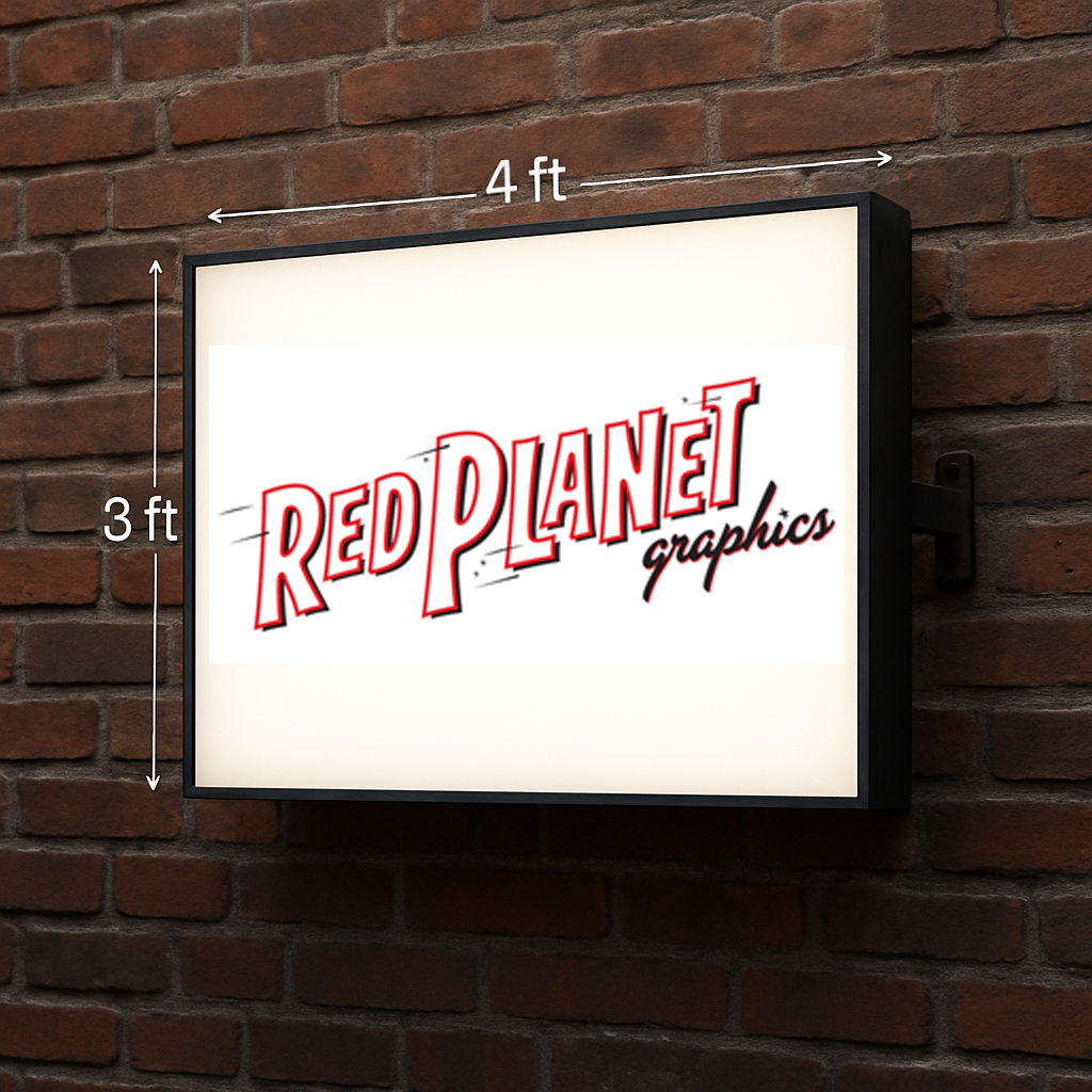 Illuminated 4 ft by 3 ft rectangular wall sign on a red brick wall displaying Red Planet Graphics logo.