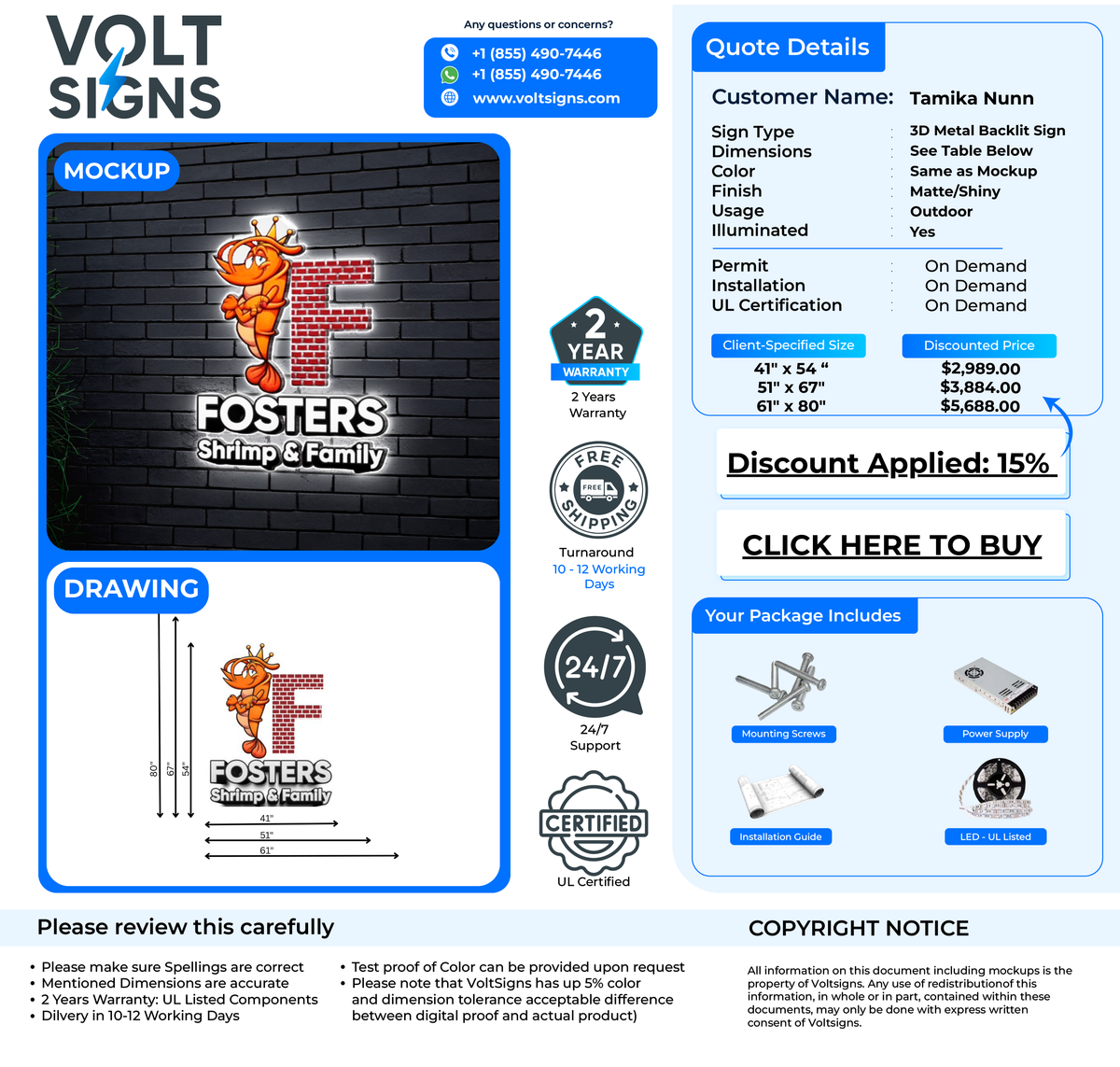 Volt Signs quote showing a mockup of a backlit FOSTERS shrimp logo on a dark brick wall, customer details and pricing.
