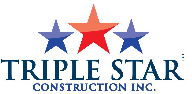 Triple Star Construction Inc. logo: three stars—red-orange center star flanked by two blue stars above navy text.