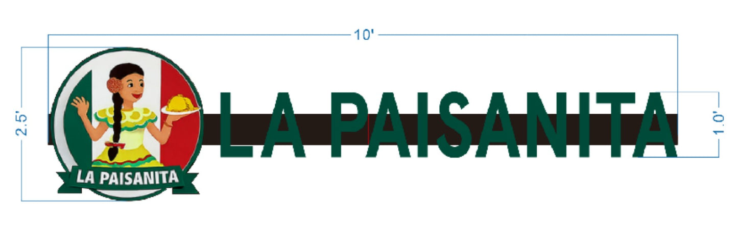 Logo: Mexican-flag circle with woman in yellow dress holding a plate of tamales, 'LA PAISANITA' text, 10' width.