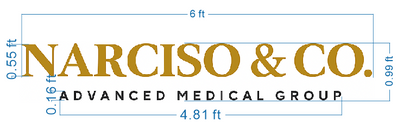 Gold serif NARCISO & CO. logo above black uppercase ADVANCED MEDICAL GROUP, blue dimension callouts 6 ft and 4.81 ft.