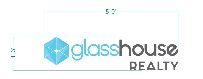 Glasshouse Realty logo sign size proof, 5 foot wide layout with blue 3D house cube icon and gray wordmark for real estate brokerage.