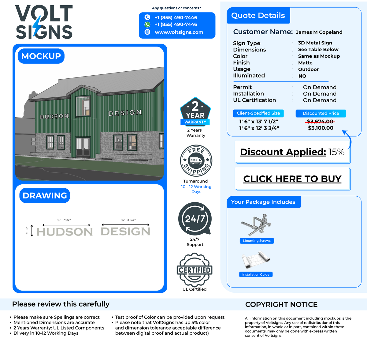 A Volt Signs mockup shows a green building labeled HUDSON DESIGN on left and quote details, pricing, and icons on right.