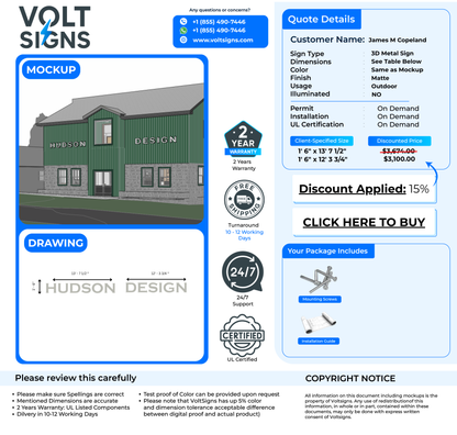 A Volt Signs mockup shows a green building labeled HUDSON DESIGN on left and quote details, pricing, and icons on right.