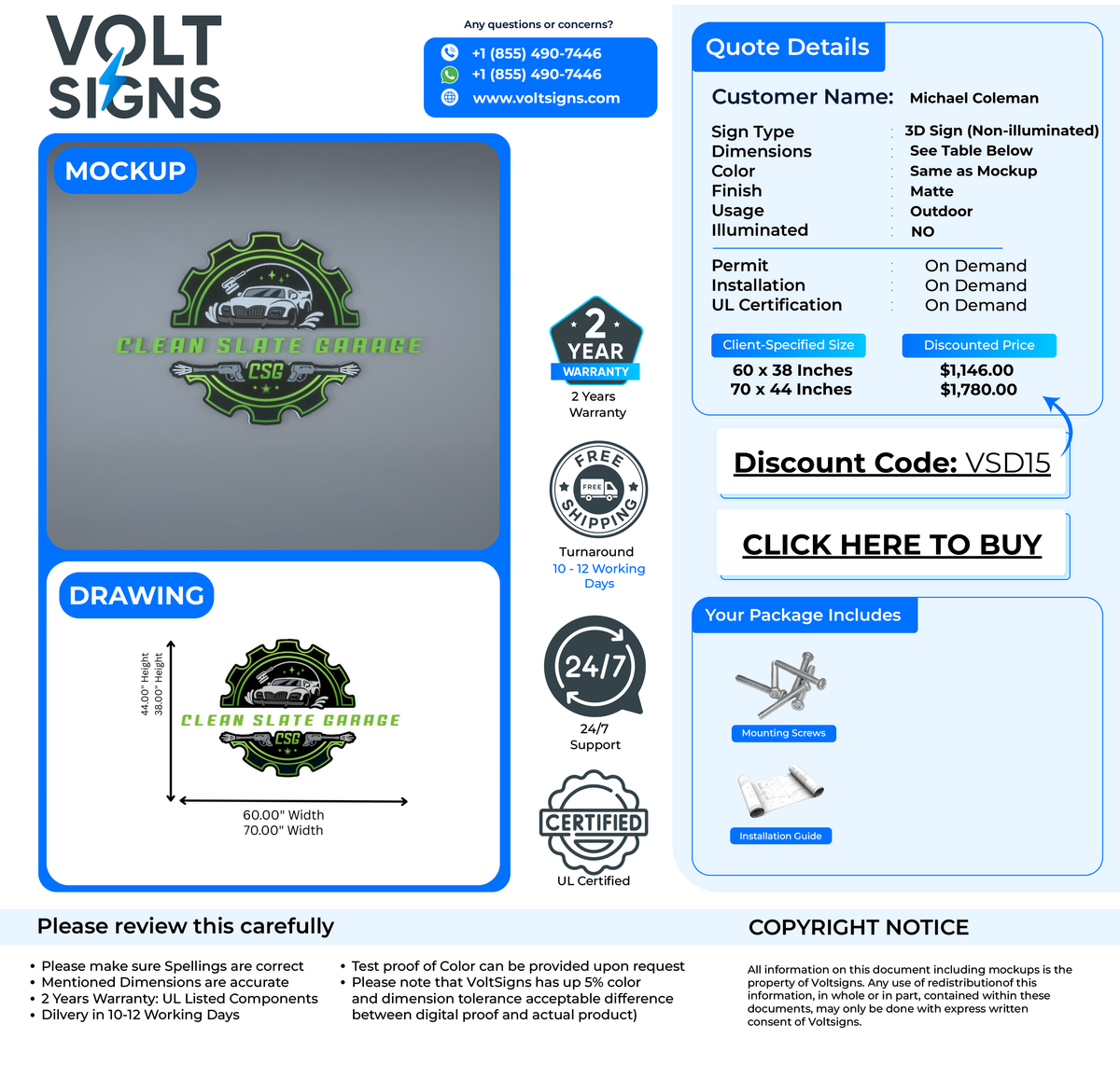 Volt Signs mockup and quote showing a green 'Clean Slate Garage' logo, sizes, prices, warranty and discount.