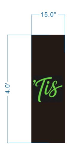 Tis Tropical Island Spice vertical blade sign size proof, 15 inch wide and 4 foot tall layout with green script on dark panel for restaurant.