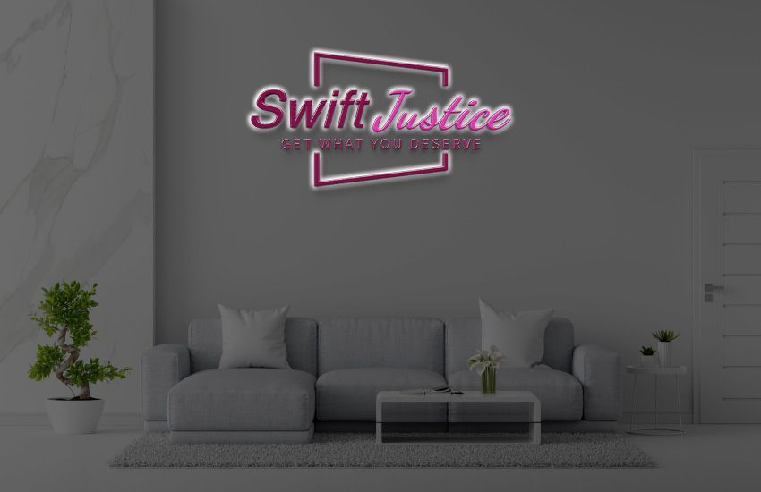 Swift Justice law firm pink LED neon sign with rectangular frame and Get What You Deserve tagline on office lounge wall mockup.