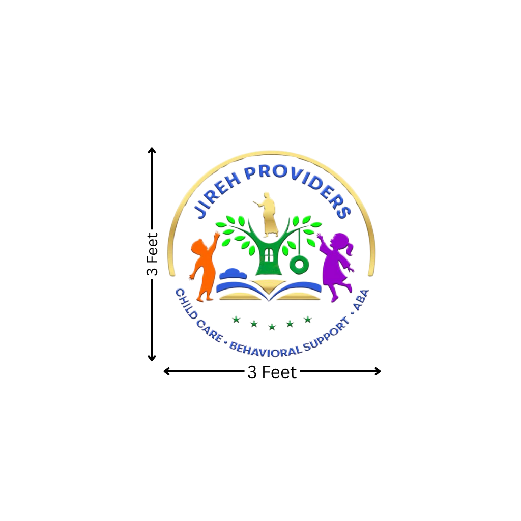 Jireh Providers logo with open book, green tree and swing, orange and purple children, and 3 Feet arrows.