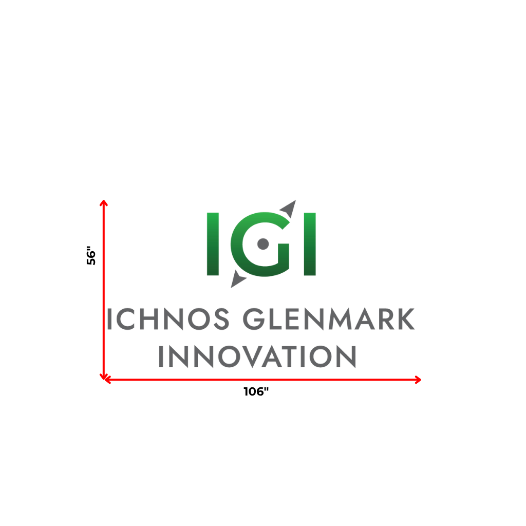Green IGI logo with gray arrowheads above 'ICHNOS GLENMARK INNOVATION' wordmark and red 56"x106" dimension arrows.