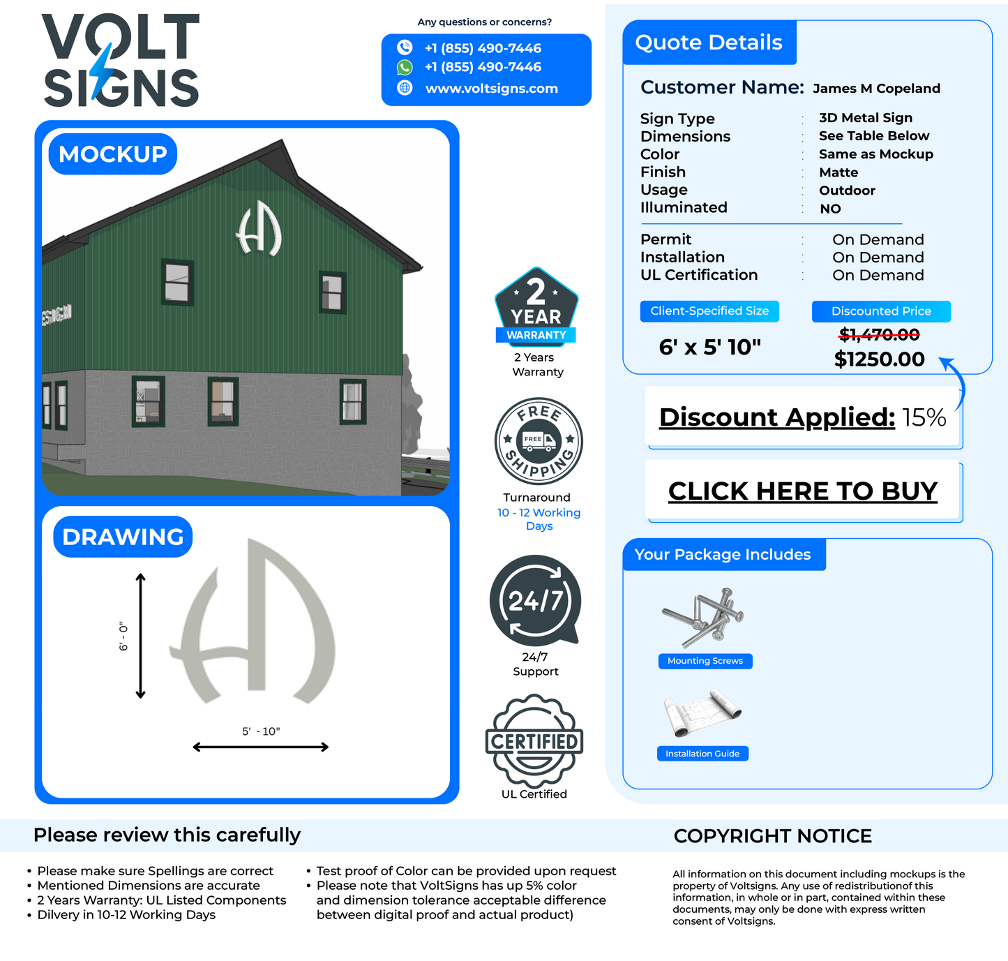 Volt Signs mockup and drawing showing green building with white logo, customer quote details and $1250 price.
