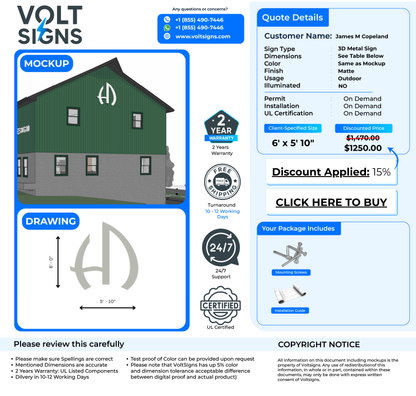 Volt Signs mockup and drawing showing green building with white logo, customer quote details and $1250 price.