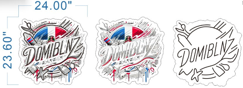 Three DOMBLNZ Barber sticker mockups: script DOMBLNZ BARBER over red-white-blue circle with scissors, paint drips.