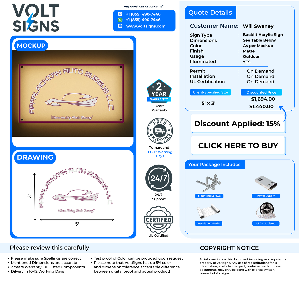 Mockup and quote page from Volt Signs showing a backlit acrylic sign design, 5' x 3', customer Will Swaney.