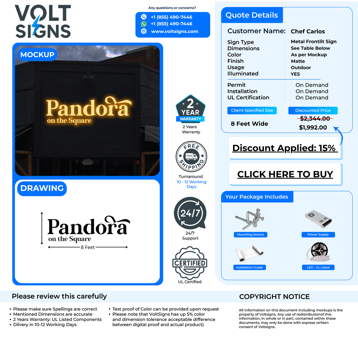 Invoice-style mockup showing Volt Signs logo, Pandora illuminated sign mockup, quote details and price.