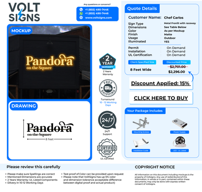 VoltSigns mockup showing illuminated gold 'Pandora on the Square' metal frontlit sign on dark storefront.
