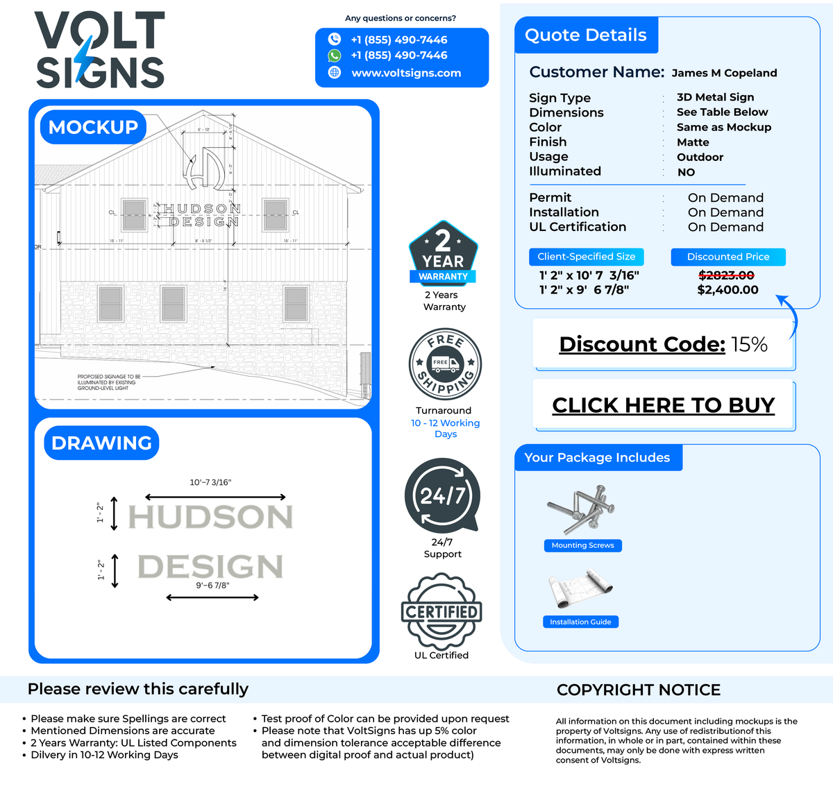 A VoltSigns mockup showing a blue-bordered building blueprint left and a light blue quote panel on right.
