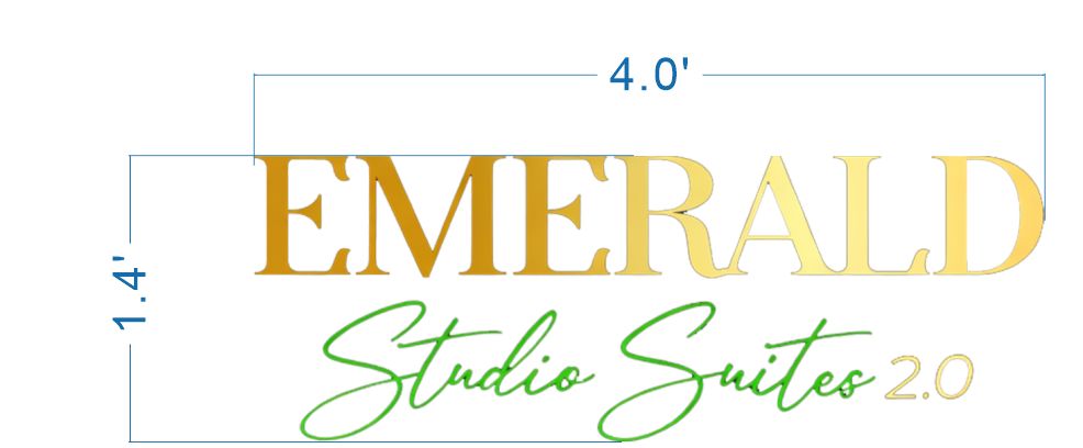 Custom Emerald Studio Suites 2.0 logo sign size proof by Volt Signs, 4 foot wide layout with gold block letters and green script tagline.