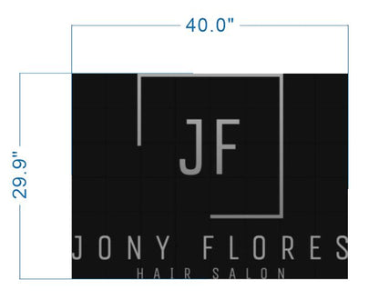 Black sign with gray JF logo in square, 'JONY FLORES HAIR SALON' at bottom, blue measurement lines 40.0" and 29.9".