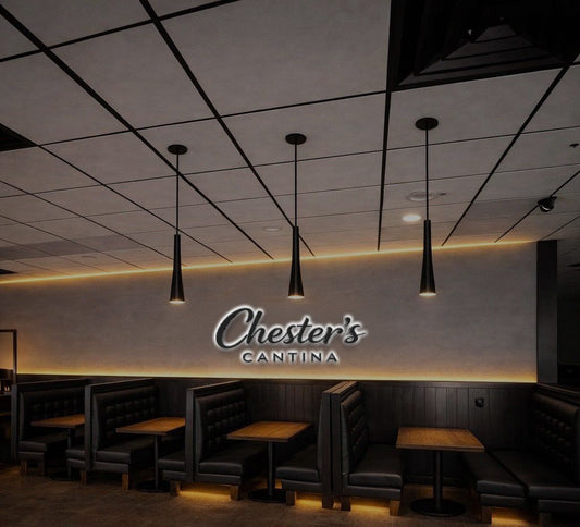 Chester's CANTINA metal backlit sign in white and black, main view for custom commercial branding