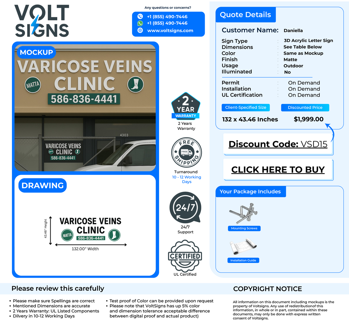 Mockup of a Volt Signs quote showing a beige Varicose Veins Clinic 3D acrylic letter sign and pricing.