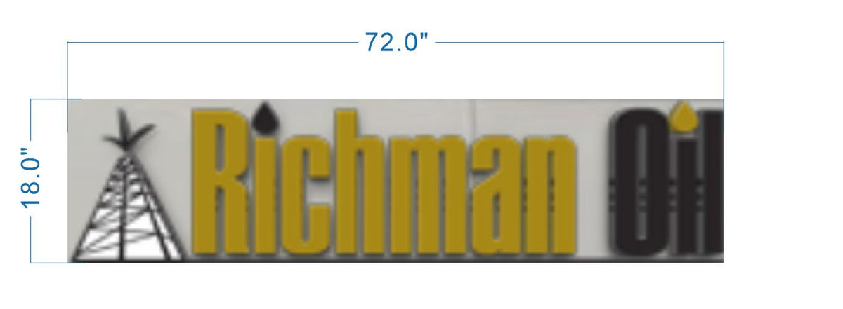 72.0" x 18.0" rectangular logo diagram: black oil derrick at left, large gold 'Richman' lettering and black 'Oil'.