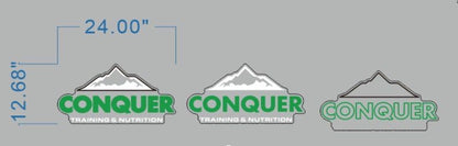 Three CONQUER Training & Nutrition logo variations in green, gray and white with mountain icon and 24.00x12.68 size.