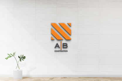 Orange diagonal-striped logo above 'A|B CONSTRUCTION' text on white tiled wall, glass vase plant left.