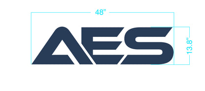 Dark navy AES logo with stylized A and S on white background, cyan measurement lines showing 48" width and 13.8" height.