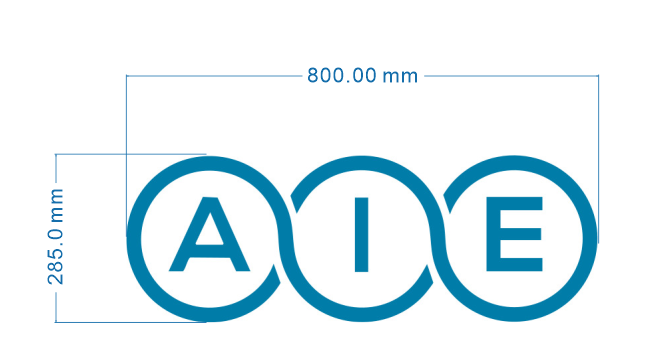 Three teal circular rings with letters A I E and blue measurement lines showing 800.00 mm width and 285.0 mm height.
