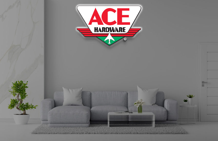 Ace Hardware 3D halo backlit vintage badge logo sign with red wings emblem and plane mascot, retail storefront mockup.