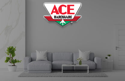Ace Hardware 3D halo backlit vintage badge logo sign with red wings emblem and plane mascot, retail storefront mockup.