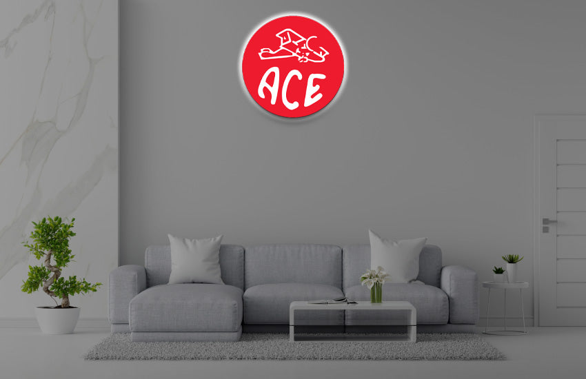 Custom Ace Hardware vintage red circle 3D halo backlit logo sign by Volt Signs with white plane mascot on office wall mockup.