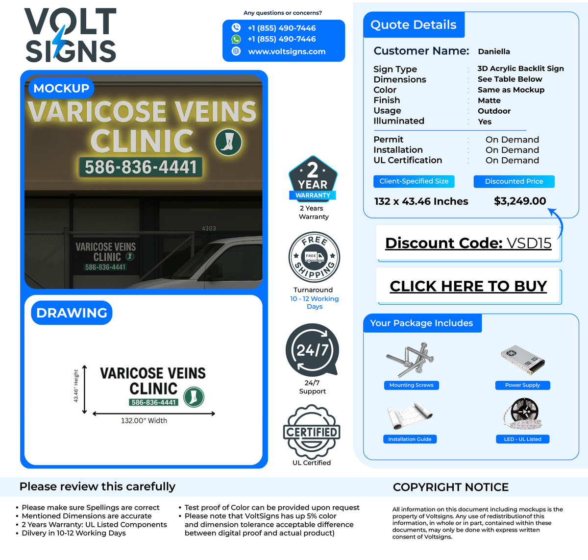 Volt Signs mockup of illuminated 'VARICOSE VEINS CLINIC' sign with green phone box 586-836-4441 and quote details.