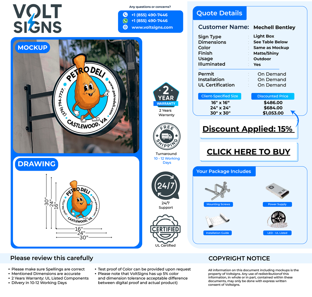 Blue and white VoltSigns quote page showing a round illuminated Petro Deli lightbox mockup, sizes and prices.