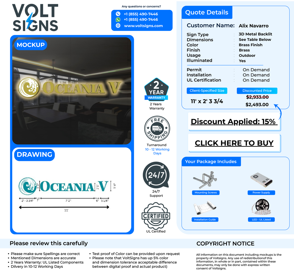 Volt Signs quote page showing a brass backlit OCEANIA V mockup for Alix Navarro, size 11' x 2'3¾.