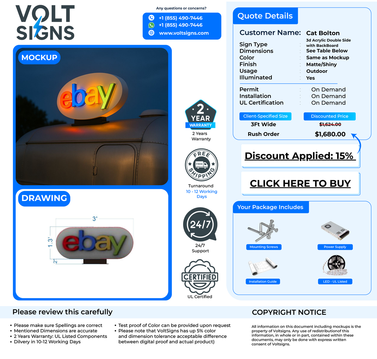 Volt Signs mockup and drawing of illuminated multicolor 'ebay' rooftop sign with quote details and price.
