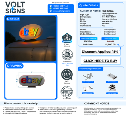 Volt Signs mockup and drawing of illuminated multicolor 'ebay' rooftop sign with quote details and price.