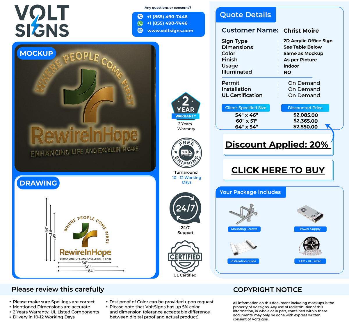 Volt Signs mockup and quote showing a gold RewireInHope logo with contact details, sizes, prices and 20% discount.